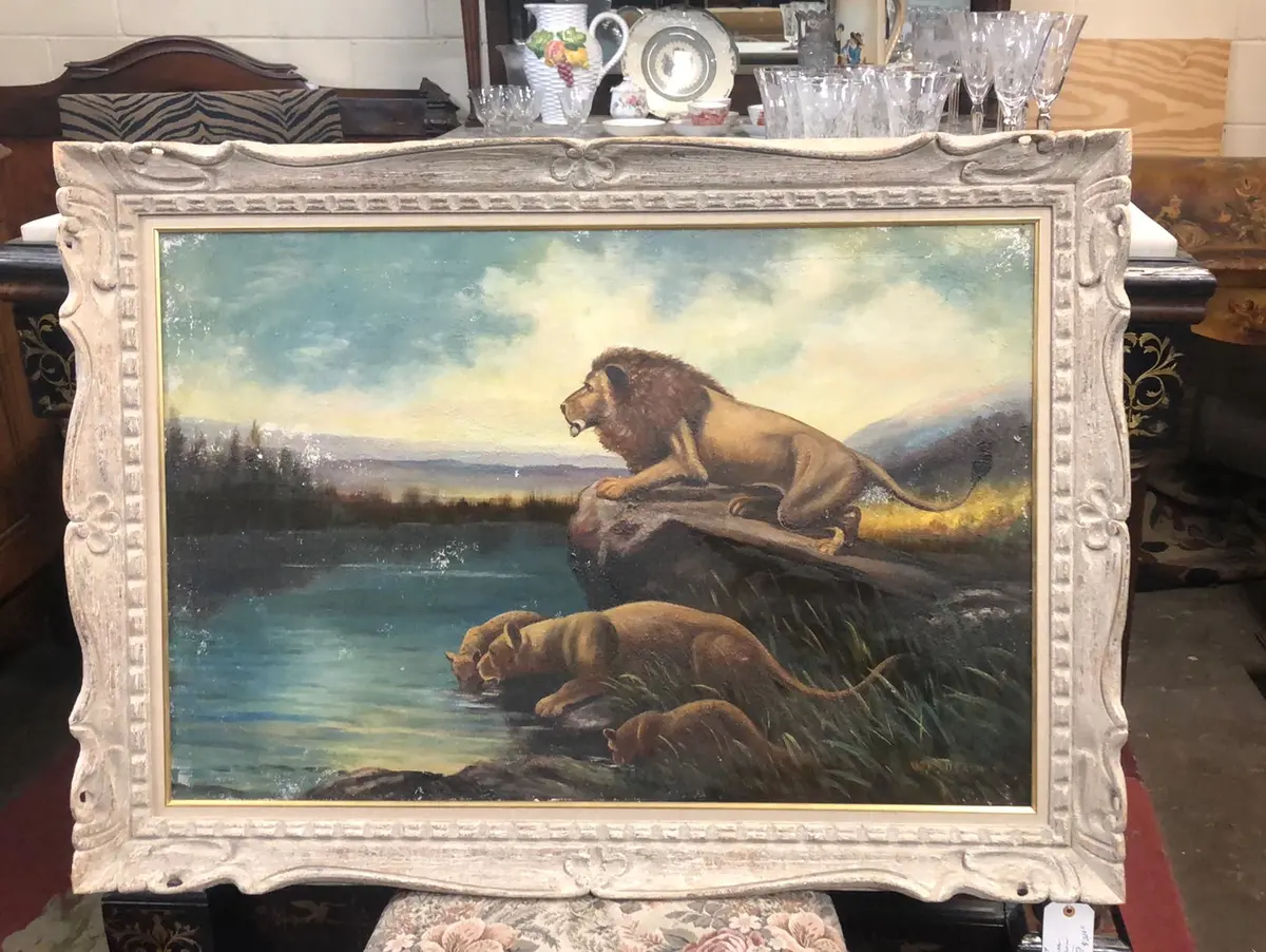 Large Framed Oil Painting "Lion Pride" By W.R. Thrasher 1