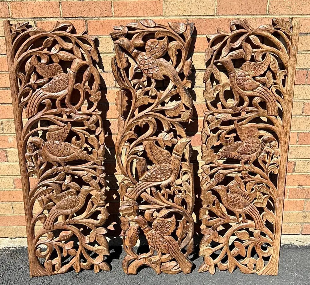 Set Of 3 Large Ornately Carved Wood Panels With Birds 1