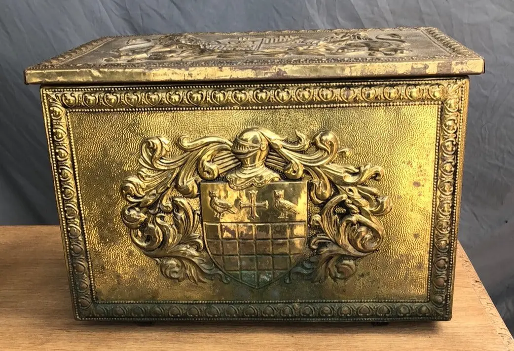 Small French Scene Brass Trunk Or Coal Hod 1