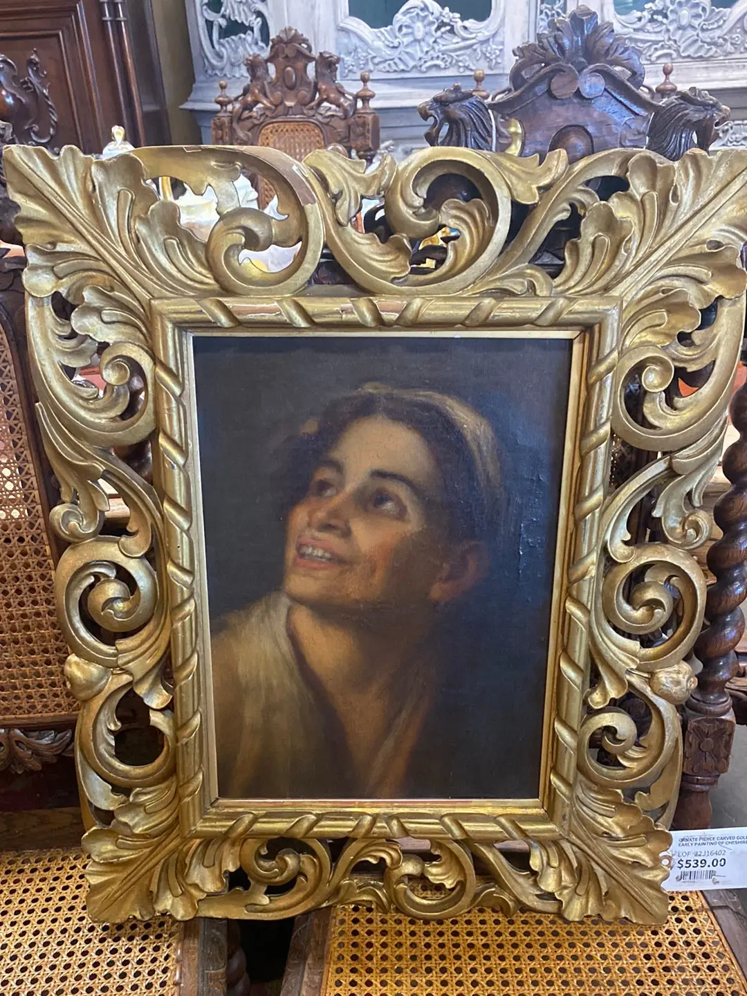Ornate Pierce Carved Gold Frame With Early Painting Portrait After Murillo 1