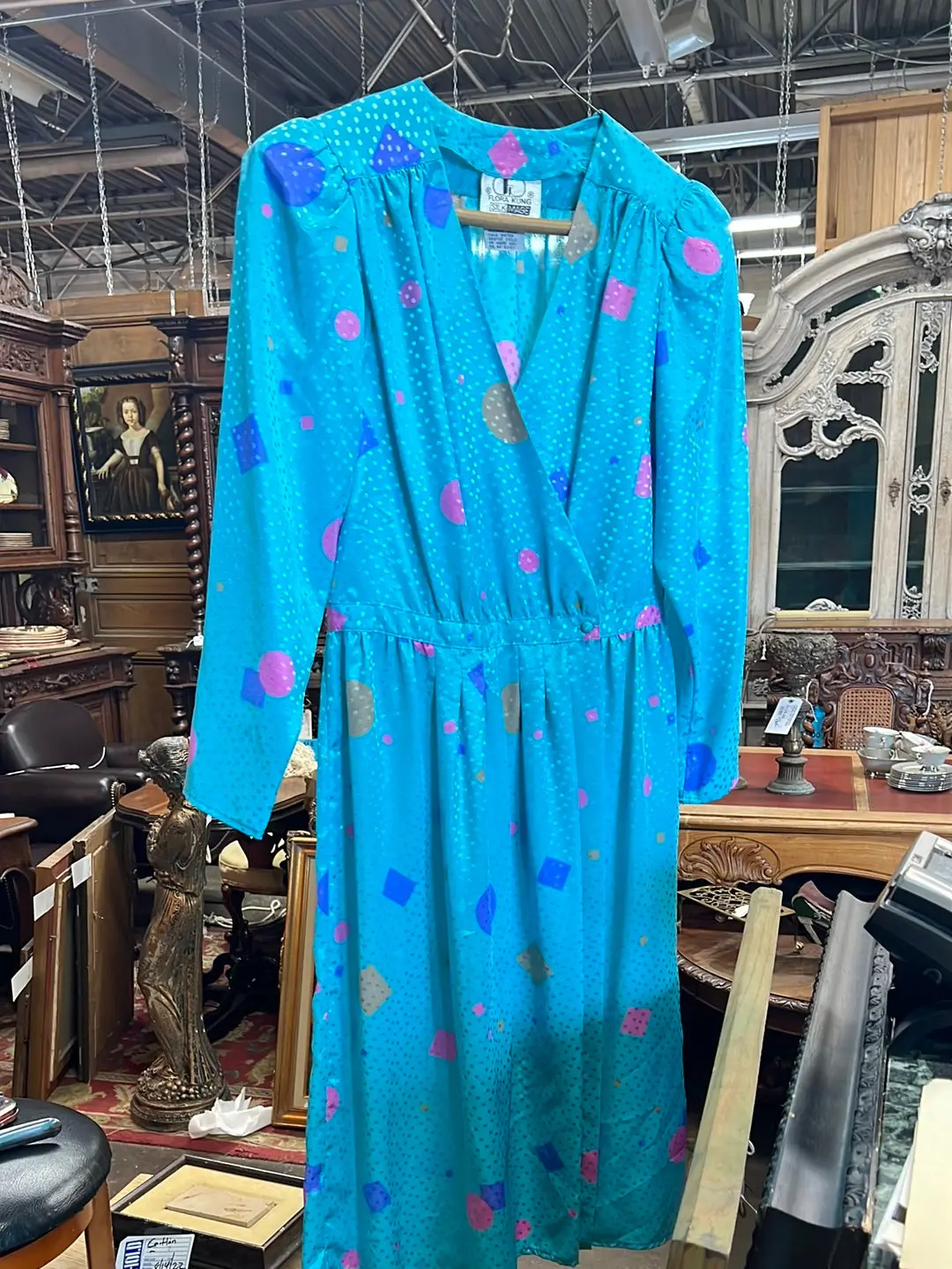 Aqua Blue With Geometric Print Long Sleeve Dress 1