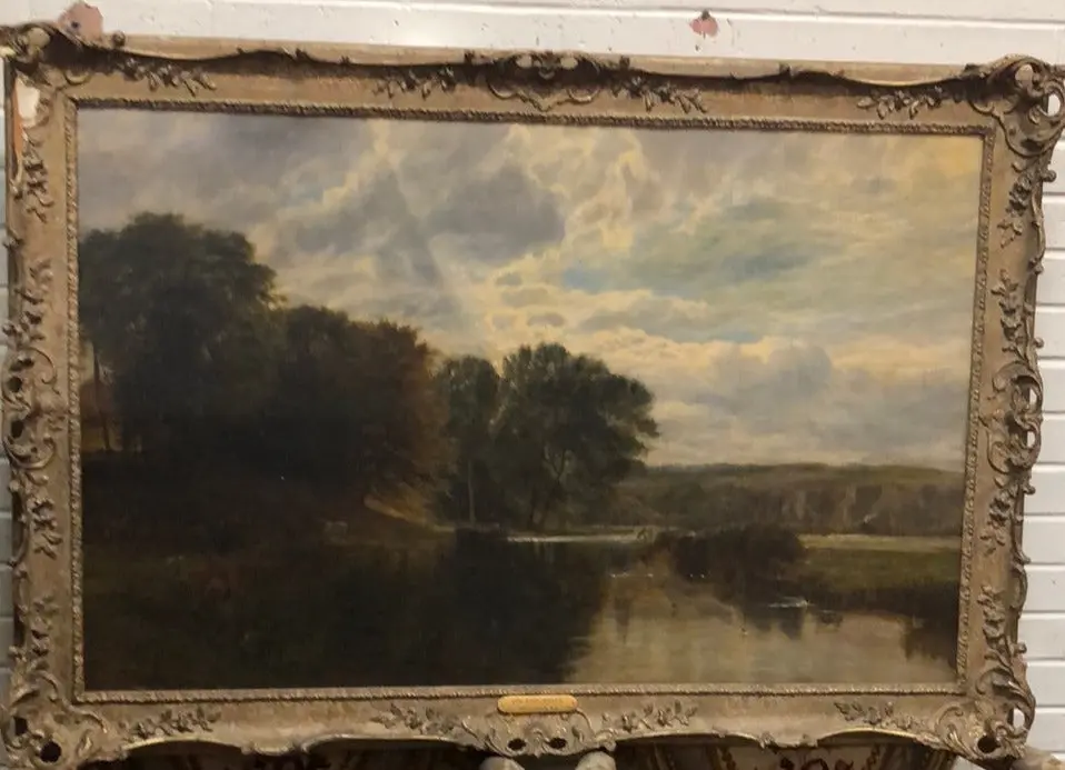 Early Large Framed Riverscape Oil Painting By Vicat Cole 1