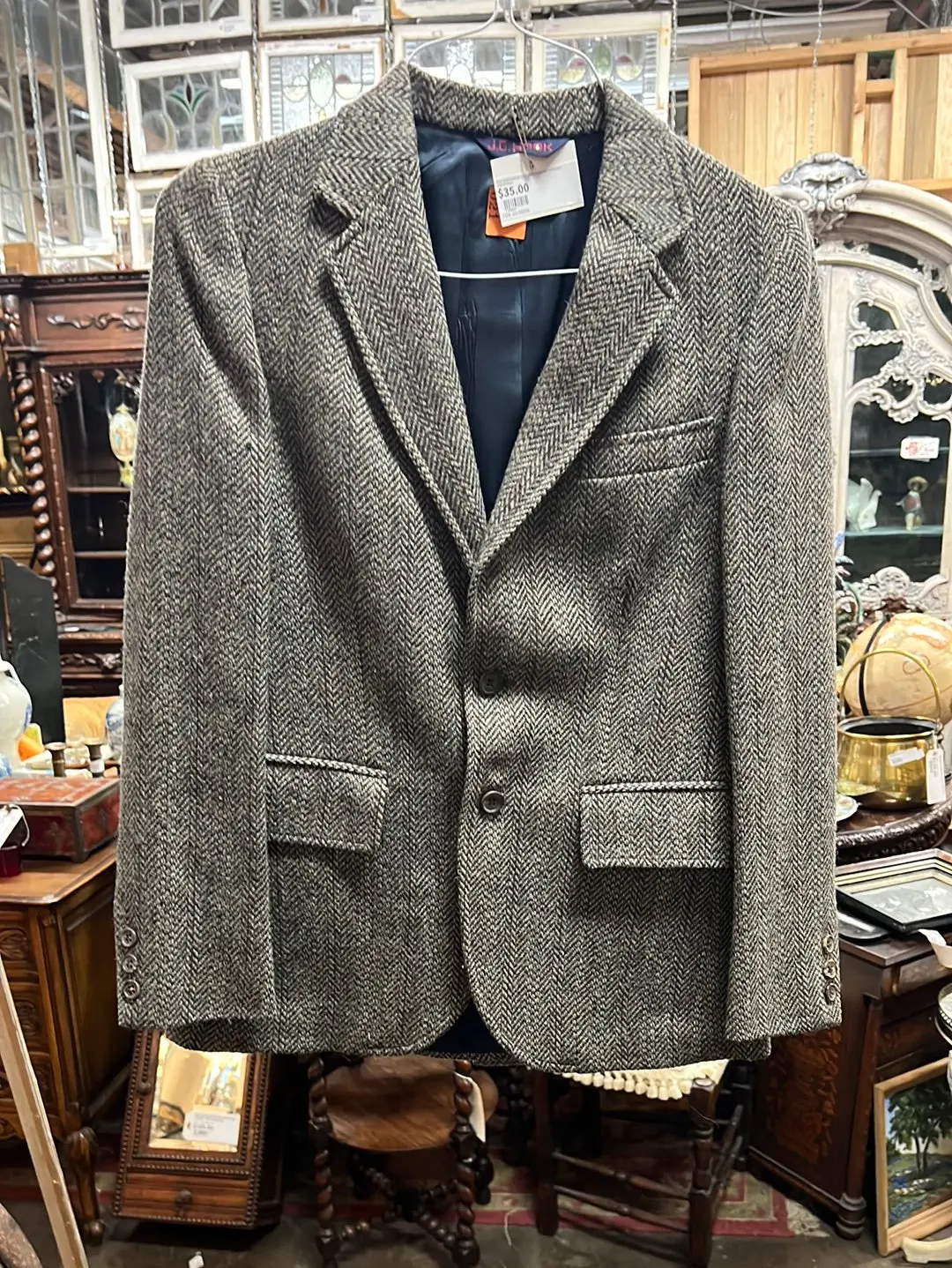 Gray Herringbone Blazer With Tan And Burgundy Undertones 1