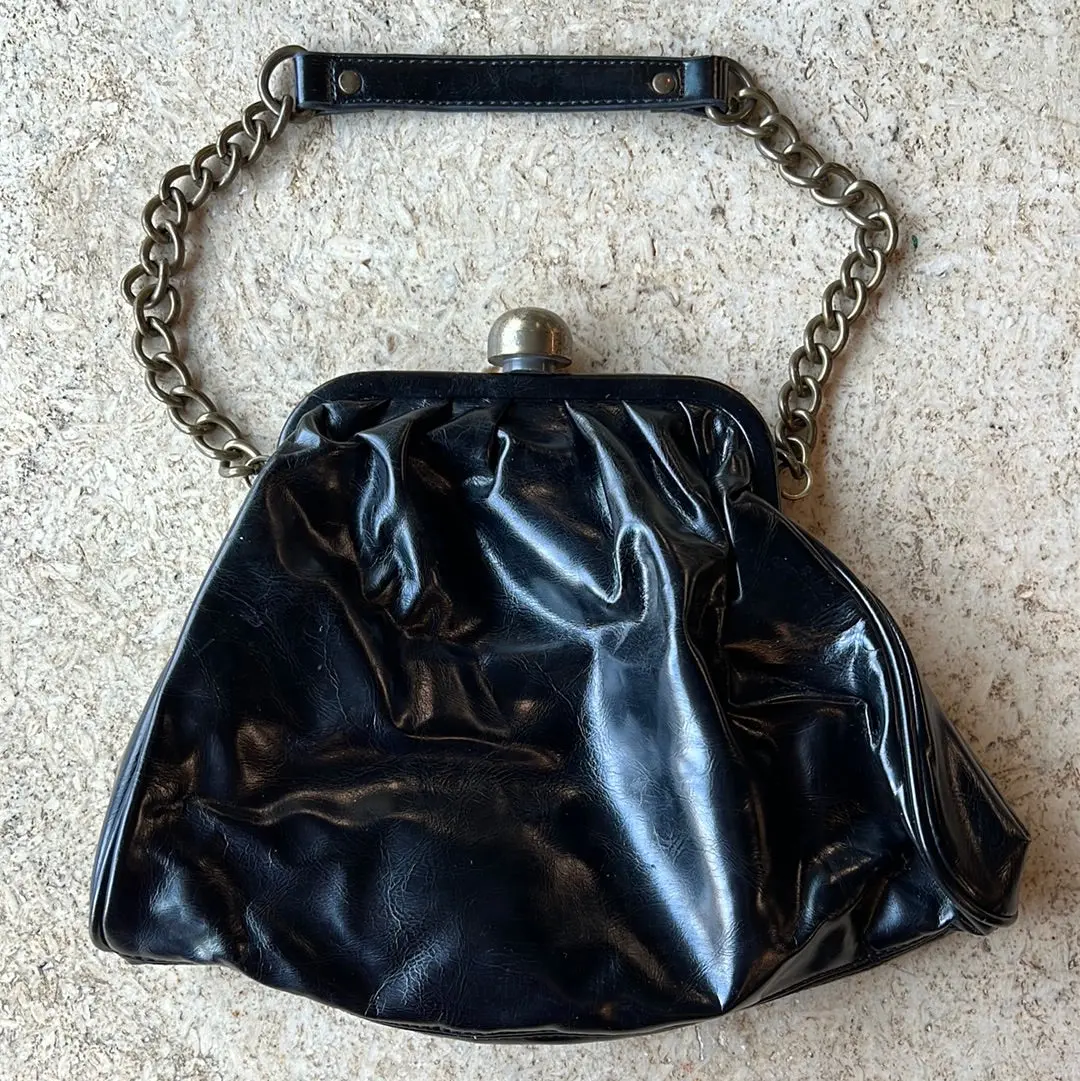 Black Vinyl Purse With Chunky Chain And Clasp & Matching Wallet 1