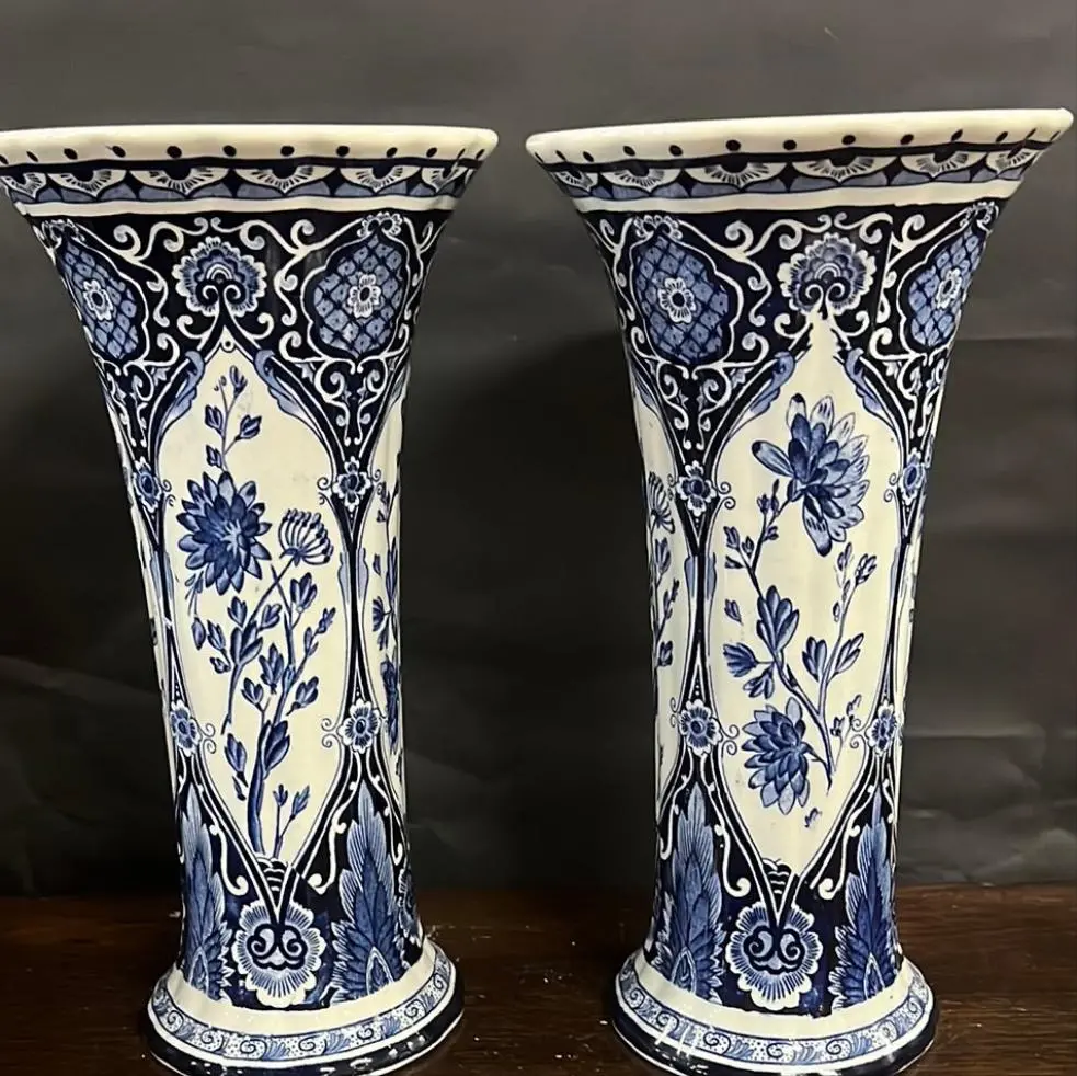 Pair Of Flared Mouth Delft Blue And White Floral Vases 1