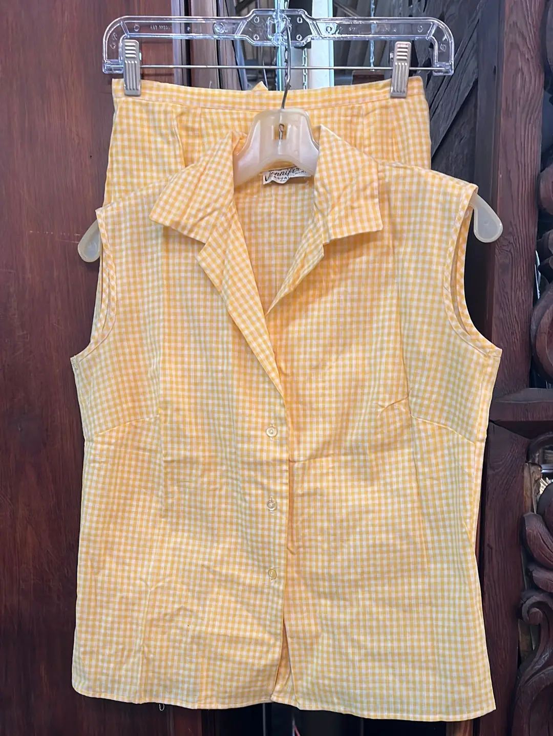Yellow Gingham Sleeveless Shirt And Skirt Set 1