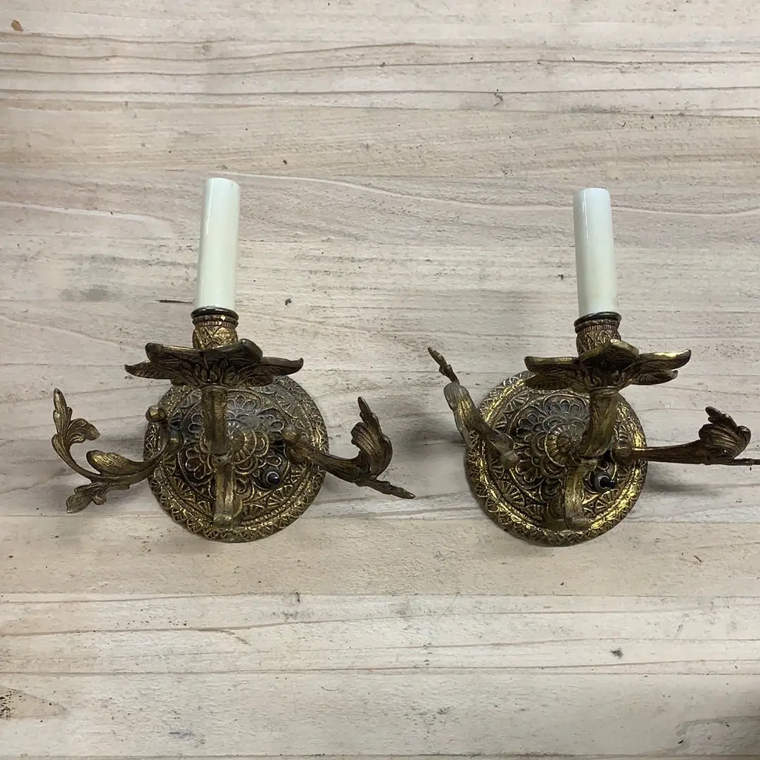 Pair Of Brass Foliate Electric Candle Wall Sconces 1