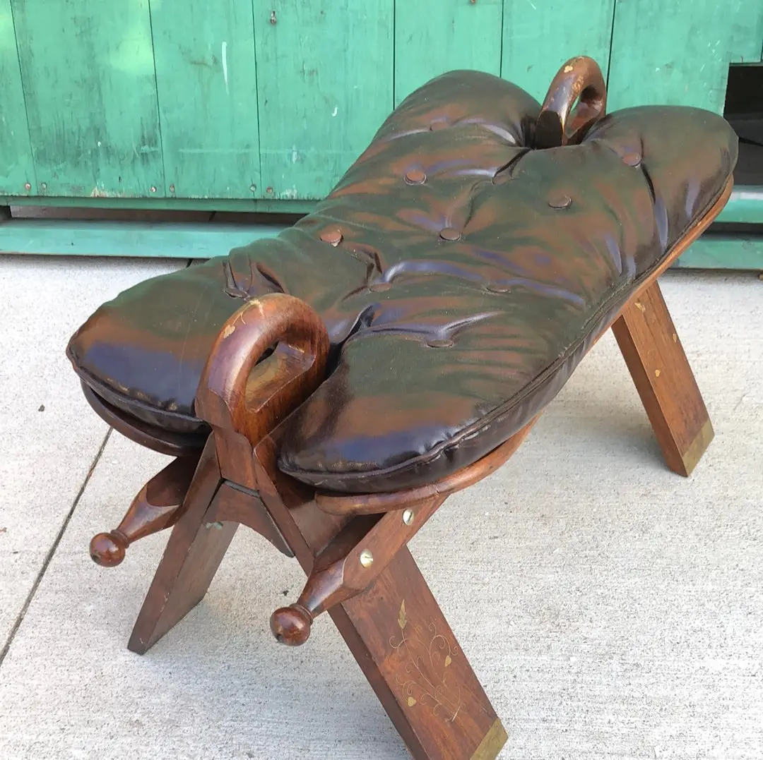 Brass Inlaid Leather Camel Saddle Stool 1