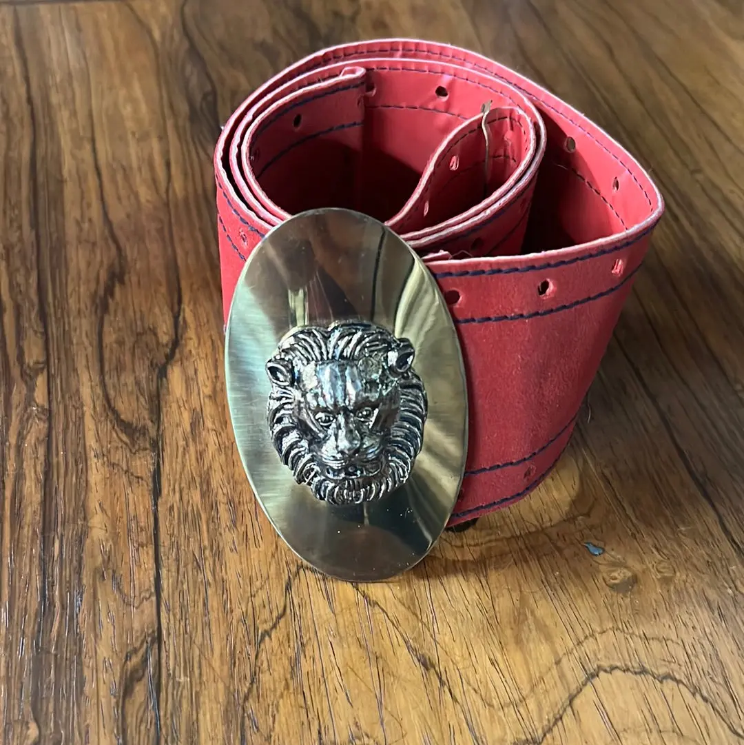 Thick Red Belt With Brass Lion Buckle 1