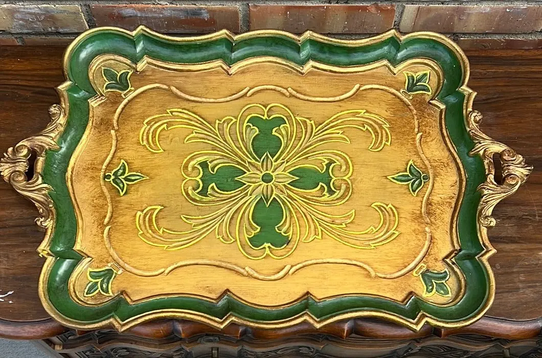 Large Green Aand Gold Floretine Tray With Handles 1