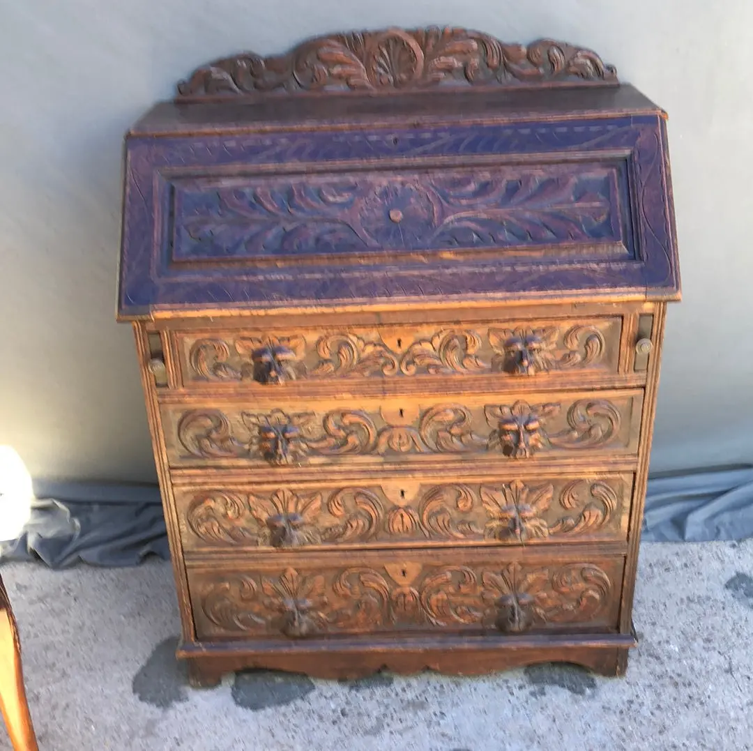 Carved English 1890S Drop Front Oak Desk 1
