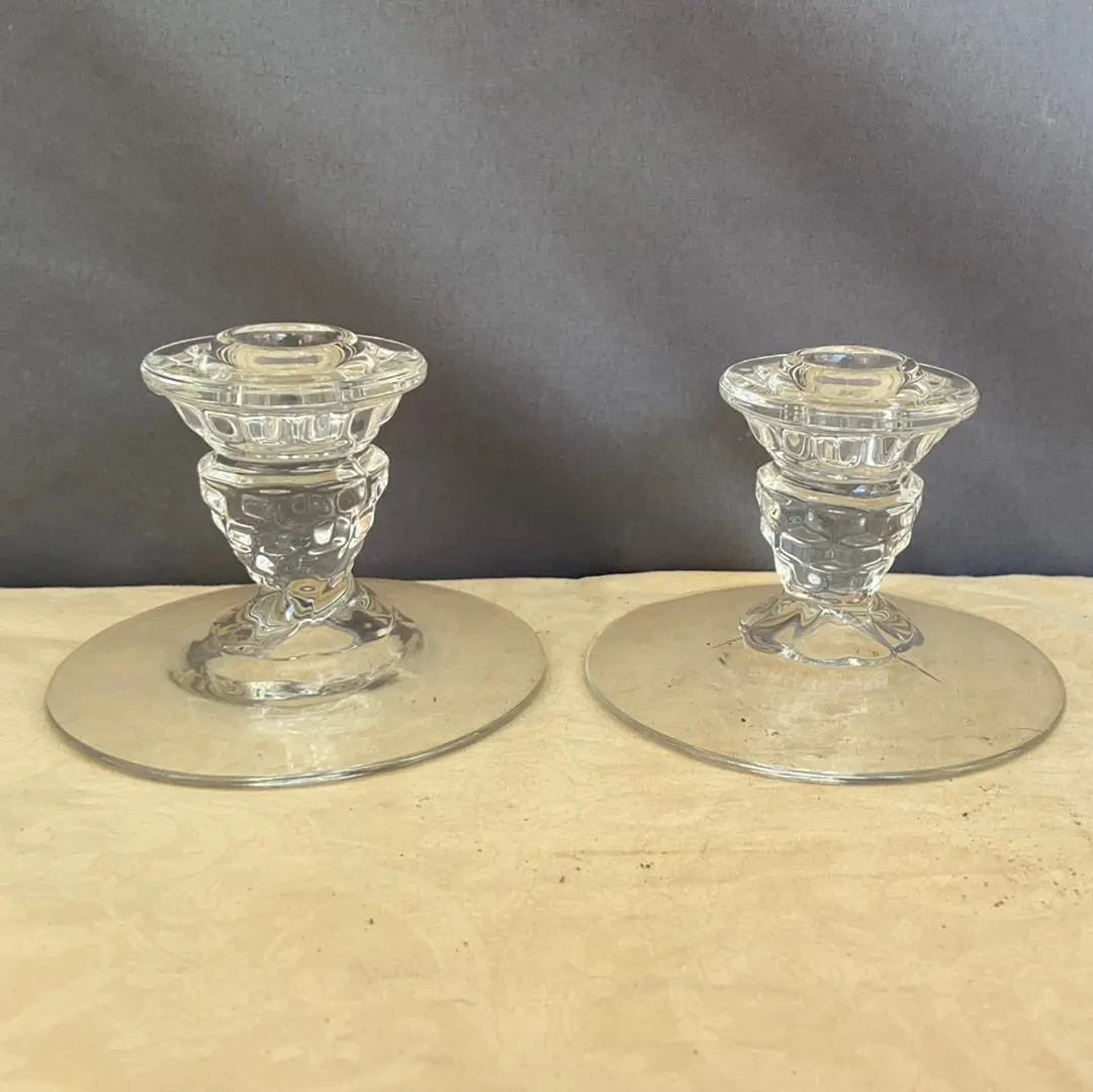 Pair Of Clear Glass Candle Sticks 1