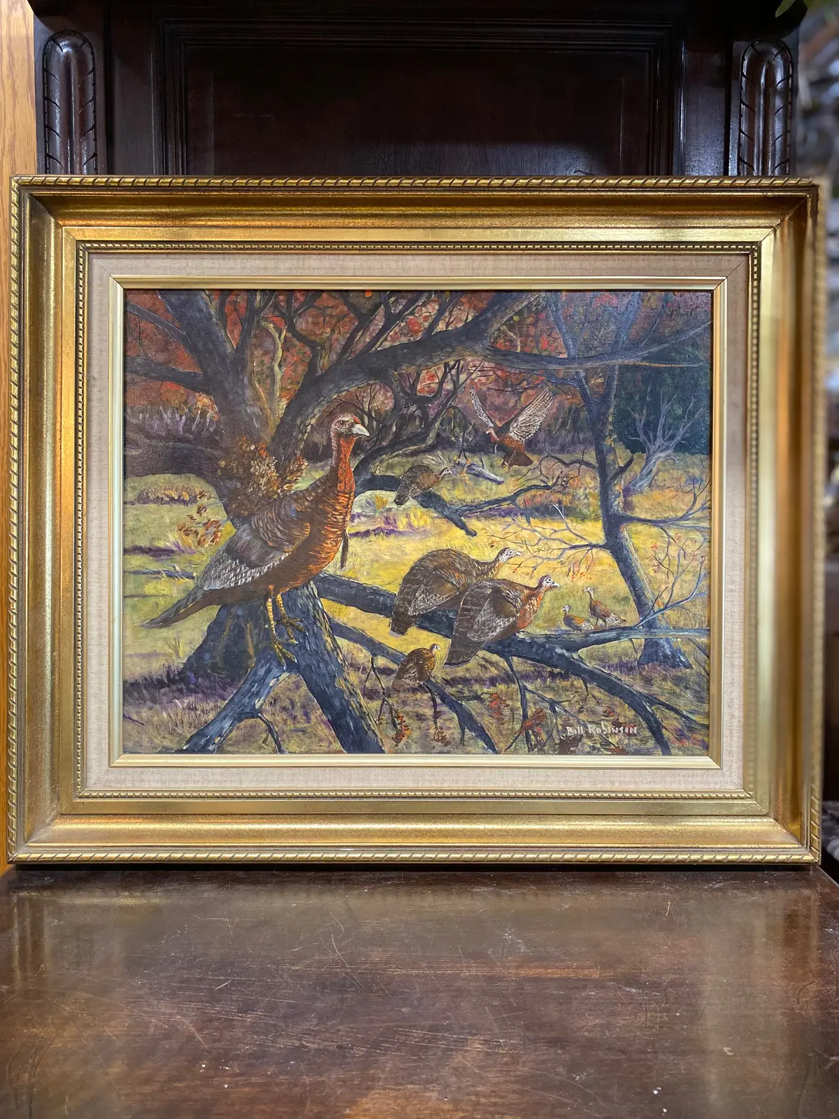 Flock Of Turkeys In Tree In Gold Frame With Linen 1