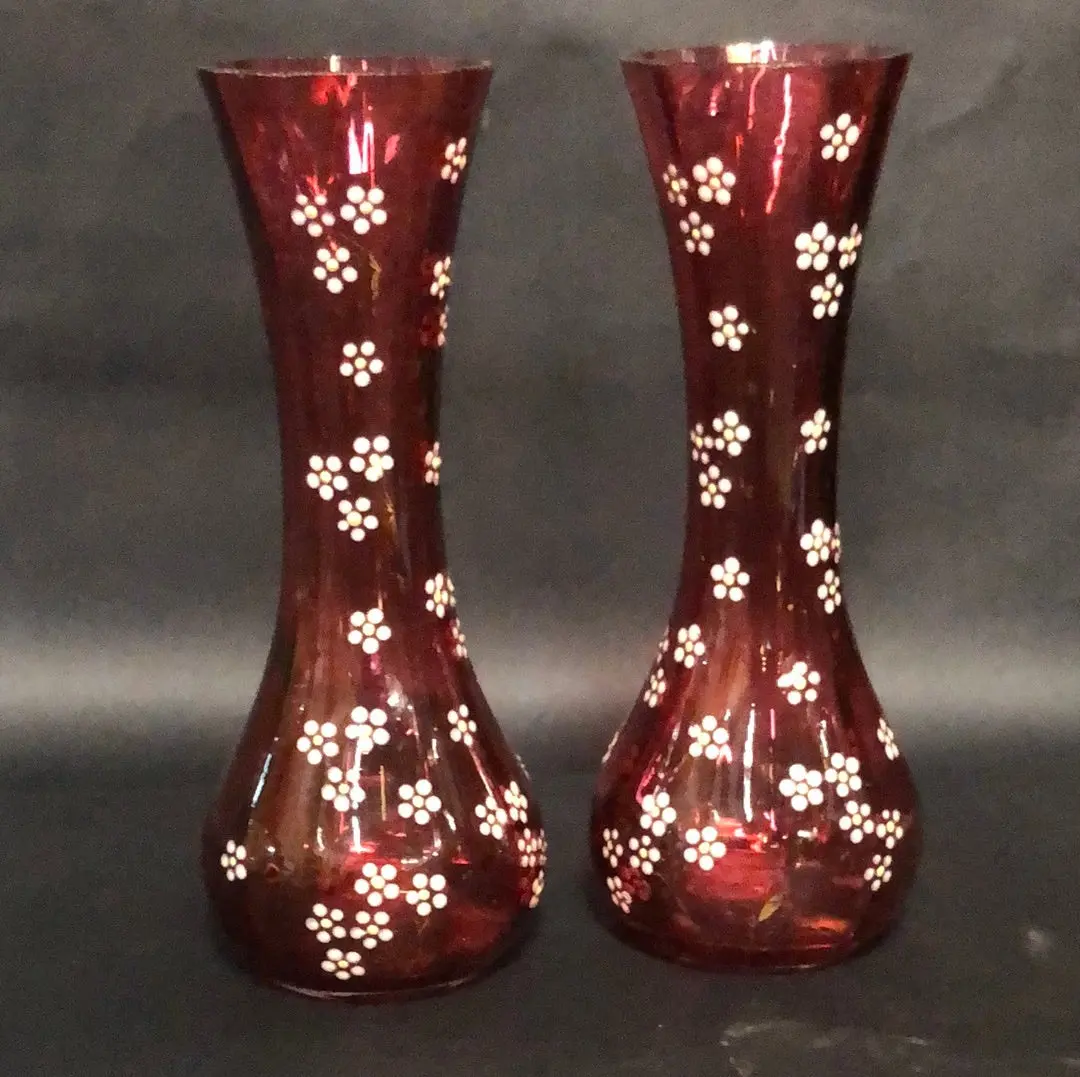 Pair Of Cranberry Vases With Enameled Flowers 1