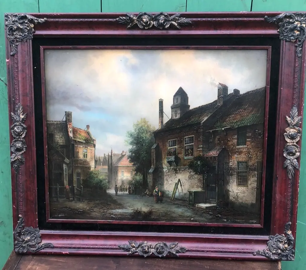 Framed Oil Painting Of A European Town With A Woman And Children 1