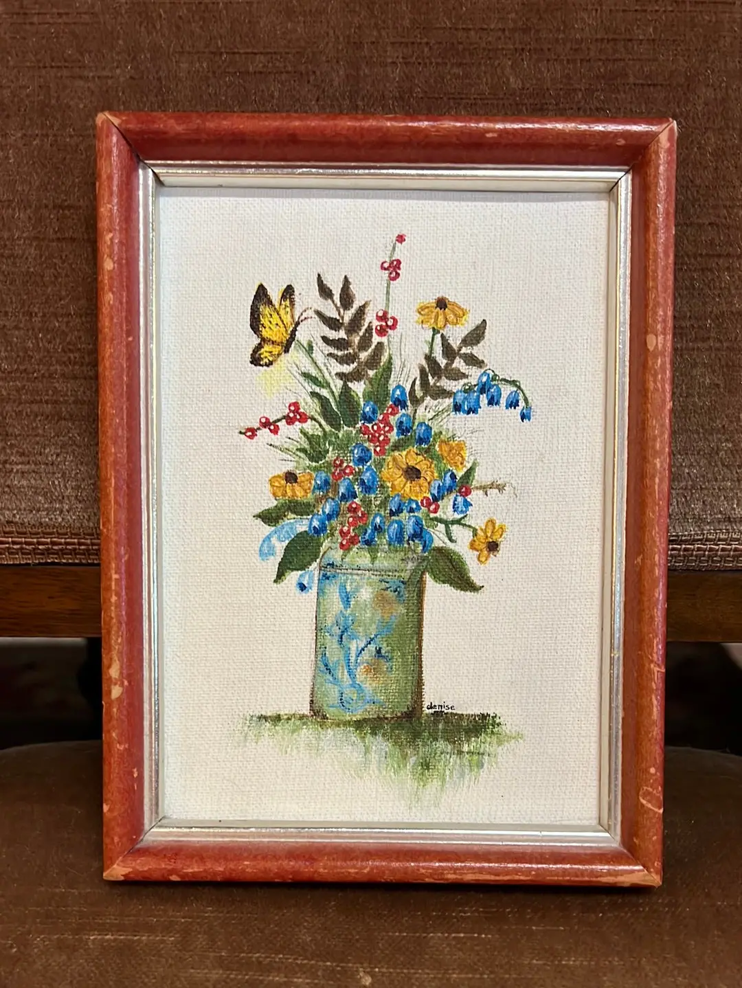 Mini Painting Of Wild Flowers In Jar With Butterfly In Orange Frame 1