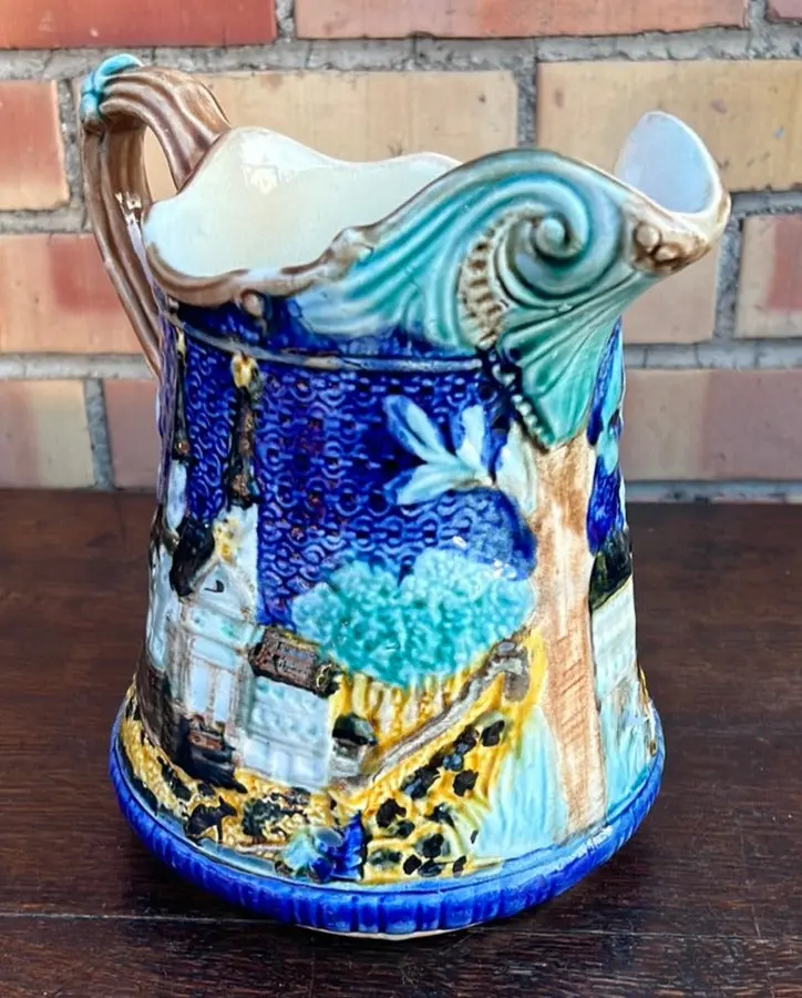 Blue Majolica Pitcher With Church 1