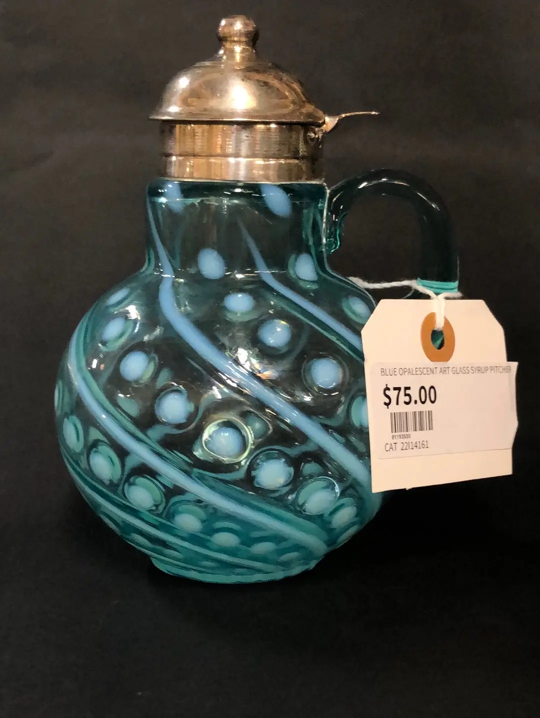 Blue Opalescent Art Glass Syrup Pitcher 1