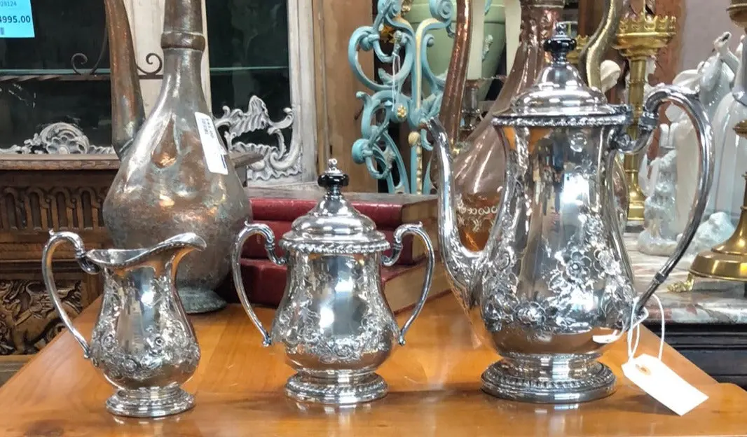 3 Piece Ornate Silverplate Tea Service-Teapot, Cream And Sugar 1