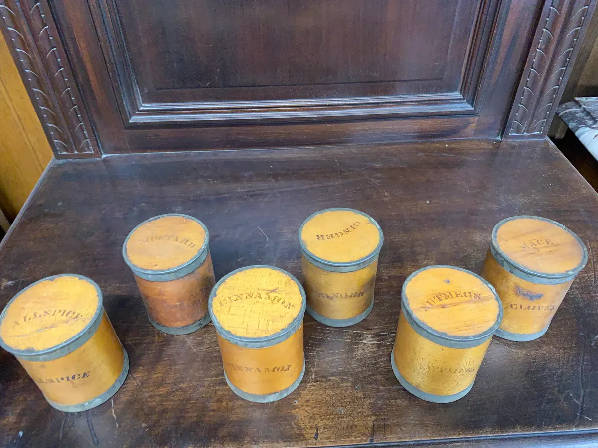 Set Of 6 Round Wood Spice Boxes 1