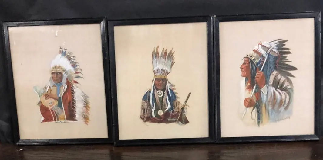 Set Of 3 Indian Cheif Watercolors On Linen 1