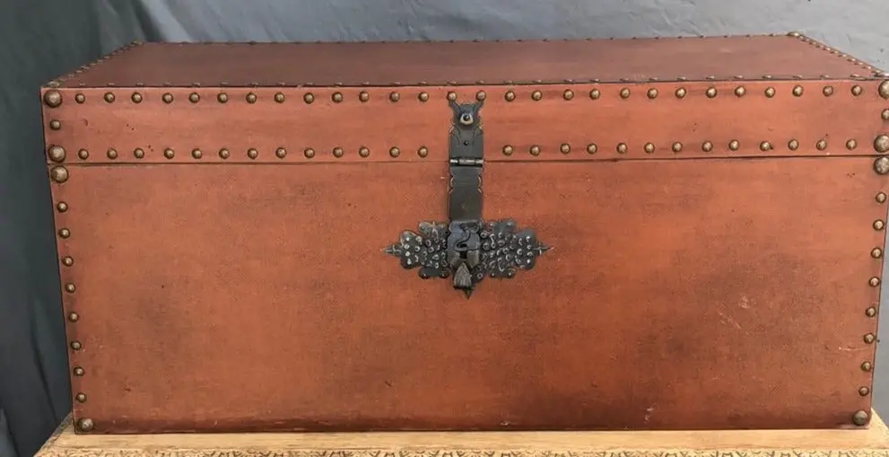 Large Rectangular Brown Leather Trunk 1