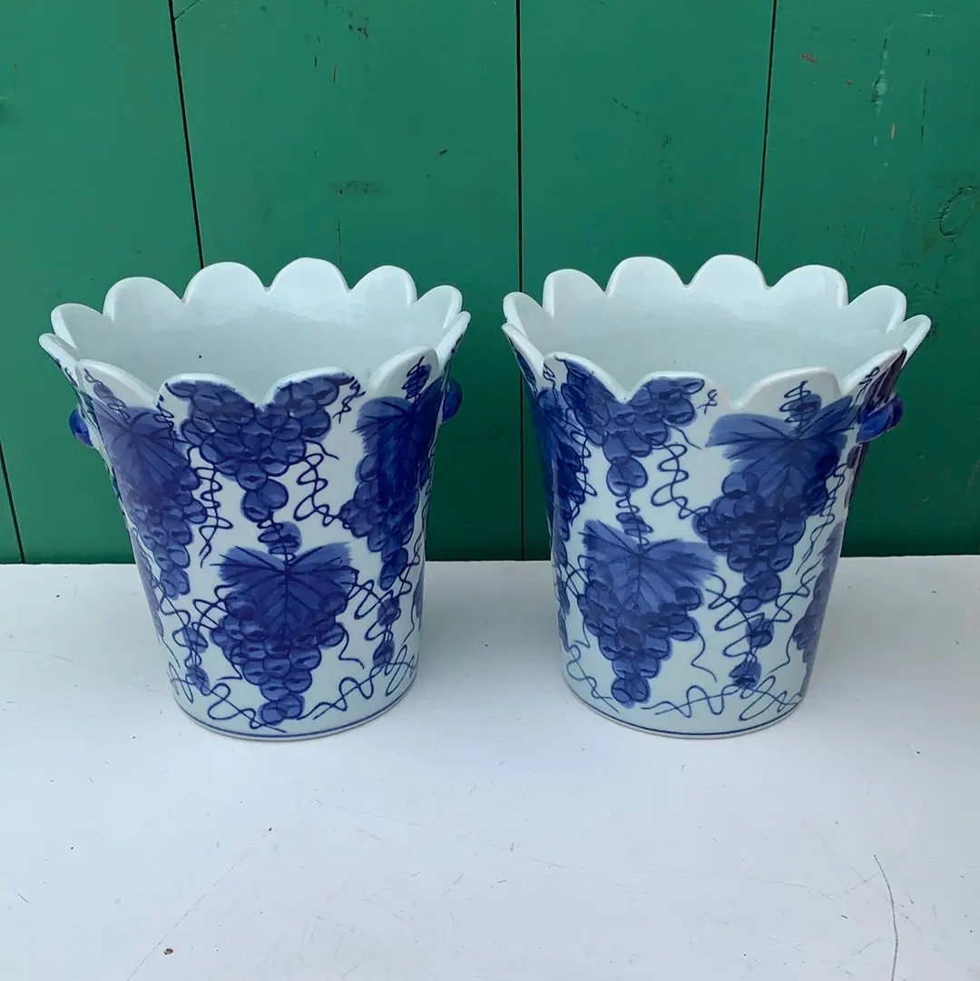 Pair Of Blue And White Grape Design Vases 1