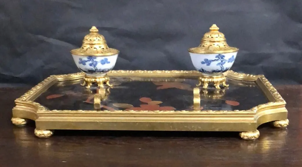 19Th Century Gilt Bronze And Porcelain Ink Well 1