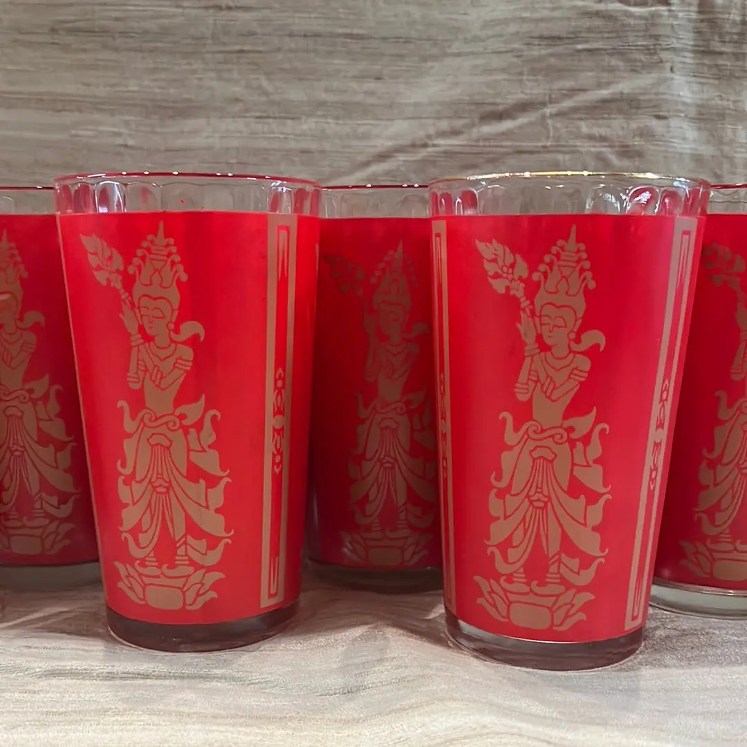 Set Of 6 Small Vintage Red With Gold Rim Asian Glasses 1