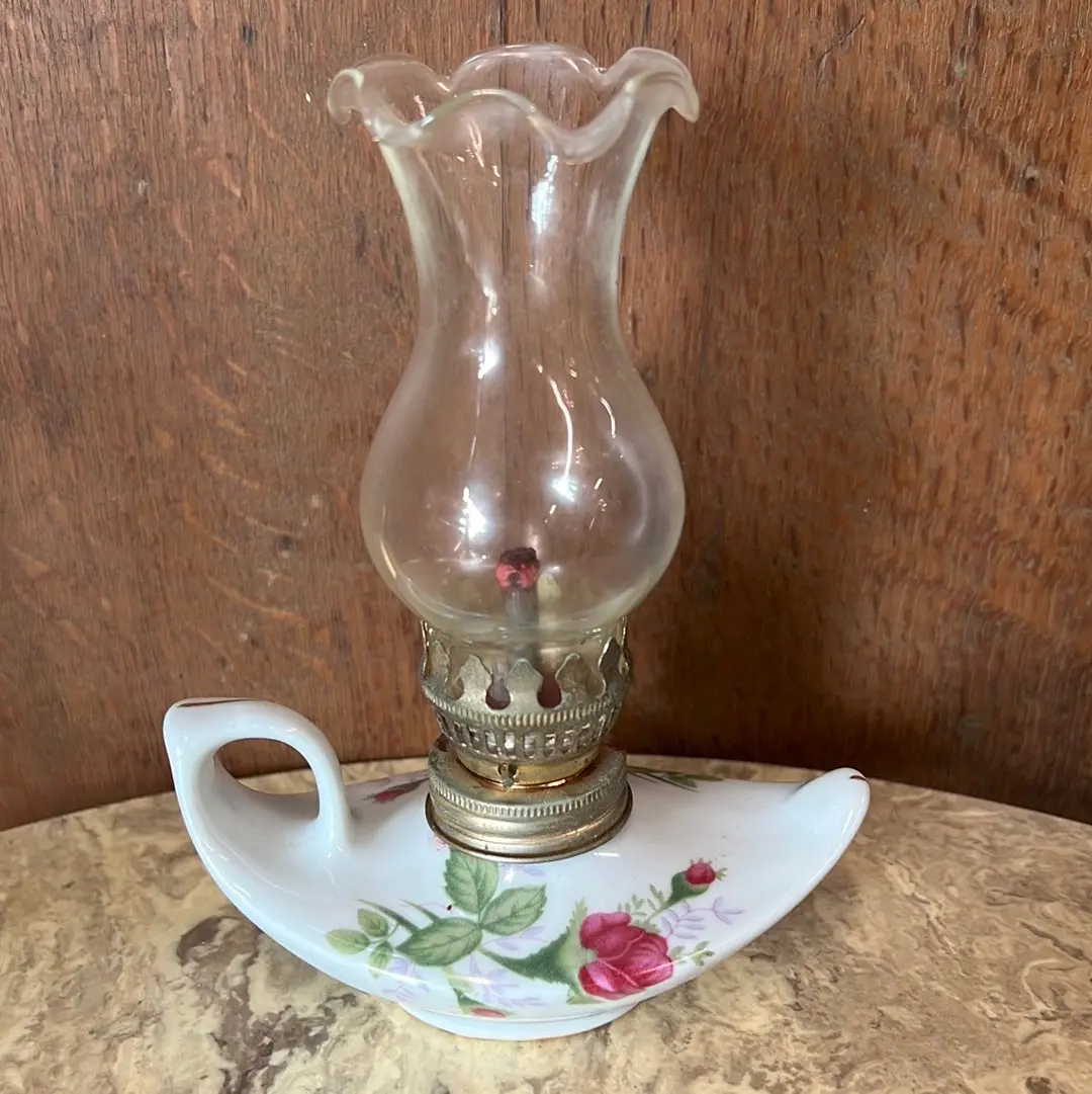 Rose Porcelain With Glass Shade Mini Oil Lamp 1