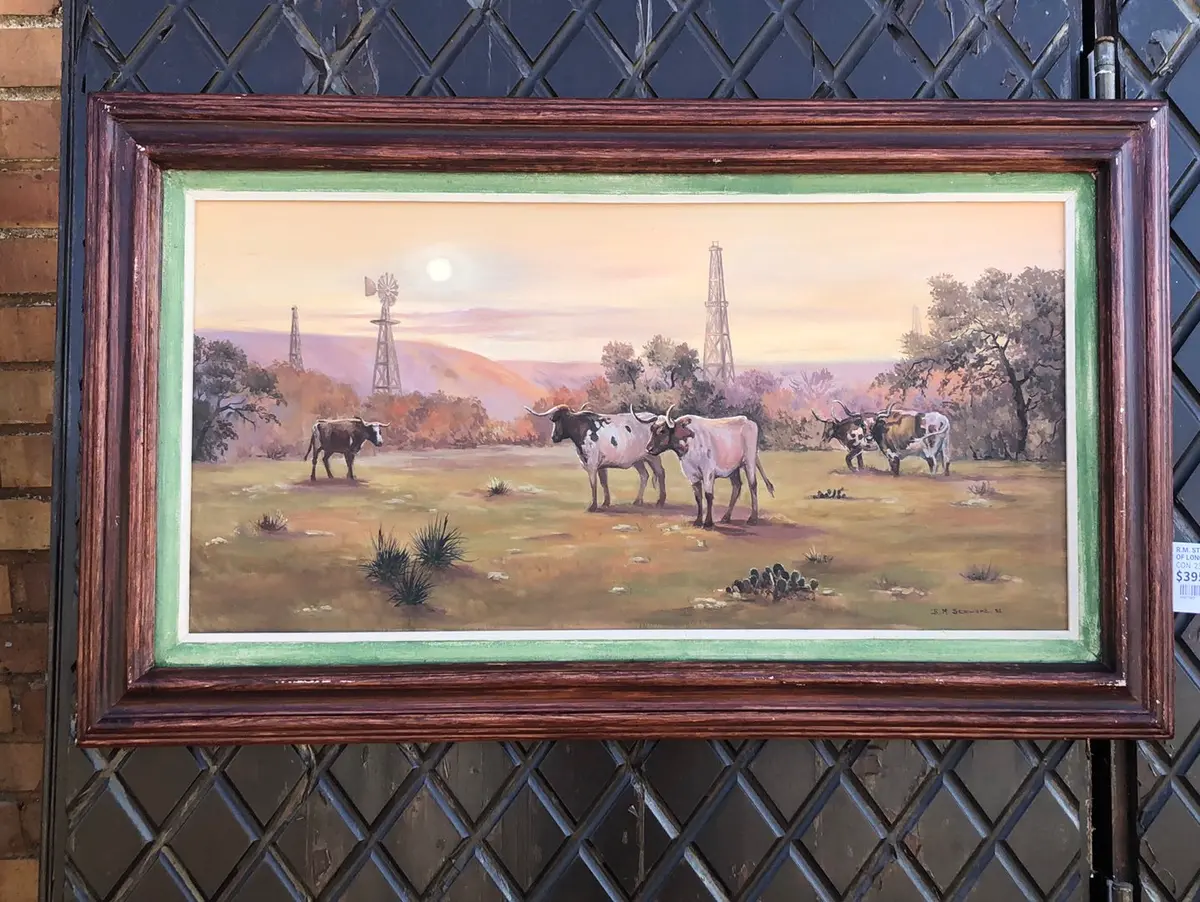 R.M. Stewart Oil Painting Of Long Horns 1
