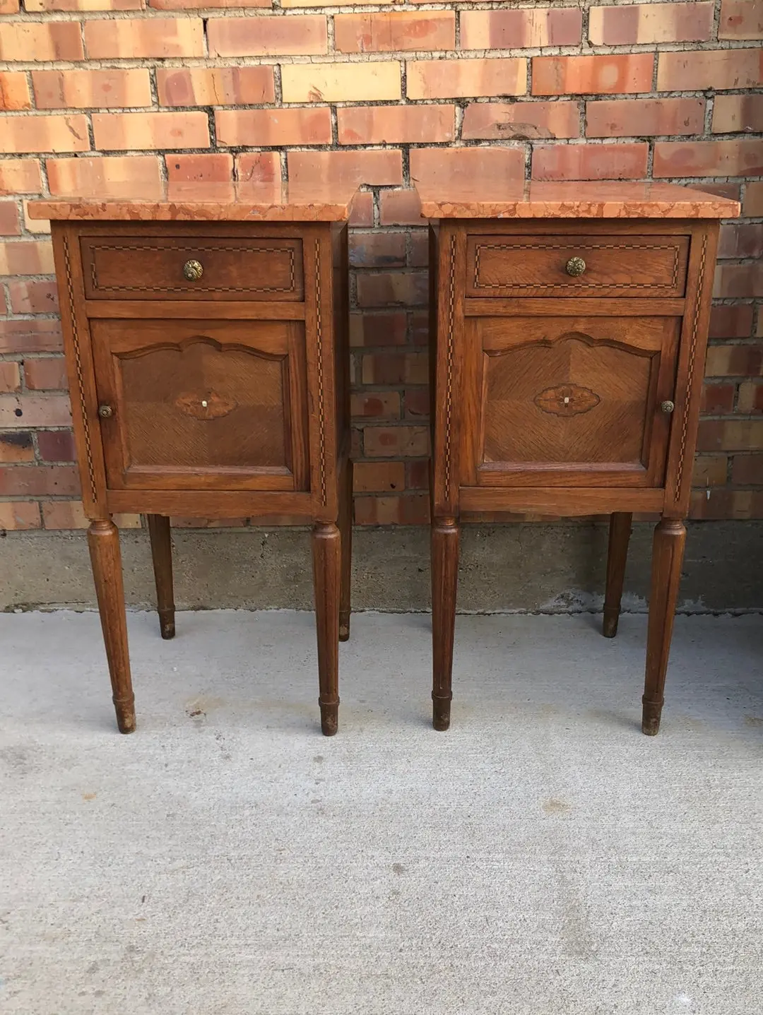 Pair Of French Inlaid Oak Marble Top Stands As Found 1