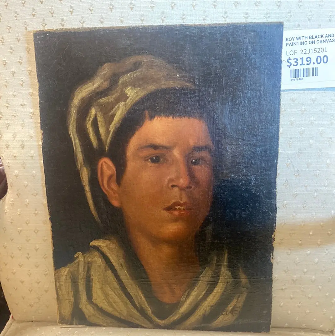 Framed Boy With Black And White Hat Oil Painting On Canvas Laid On Board 1