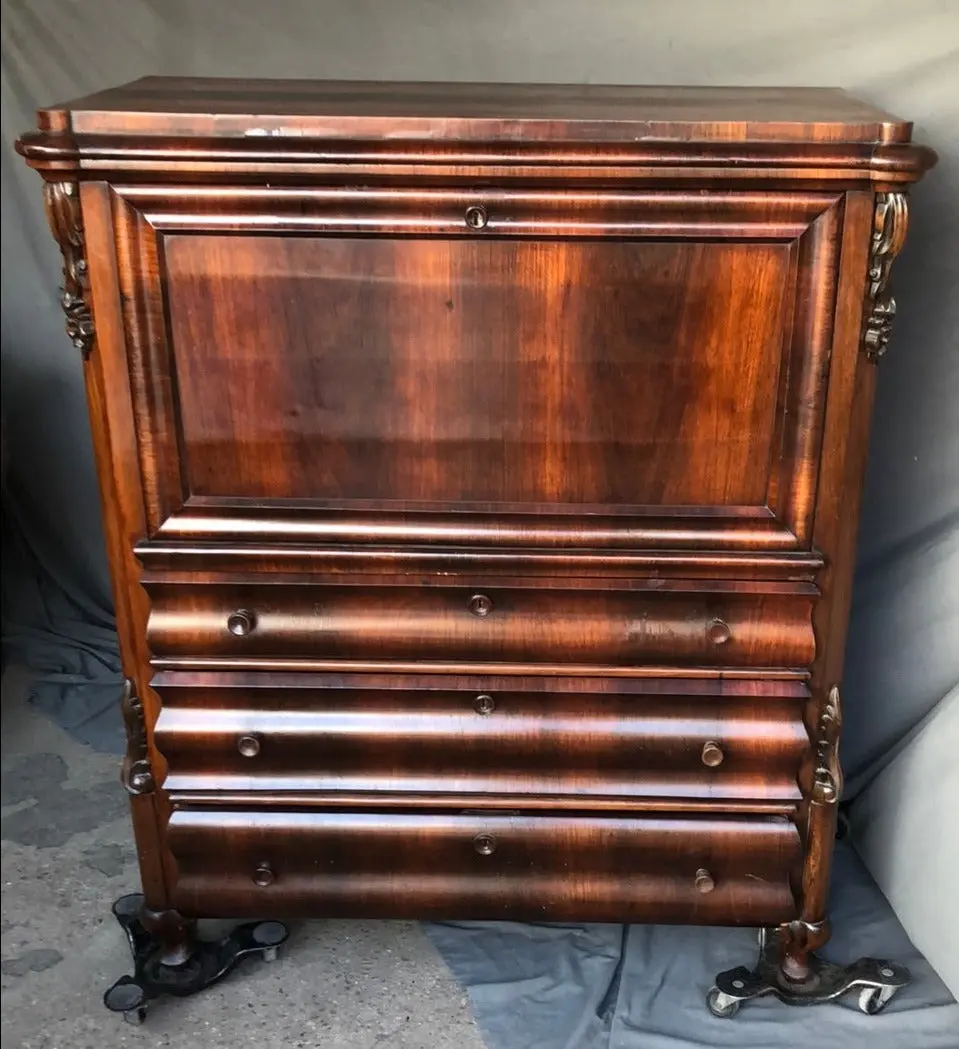 Mahogany Drop Front Desk With Painted Detail On Inner Drawers 1