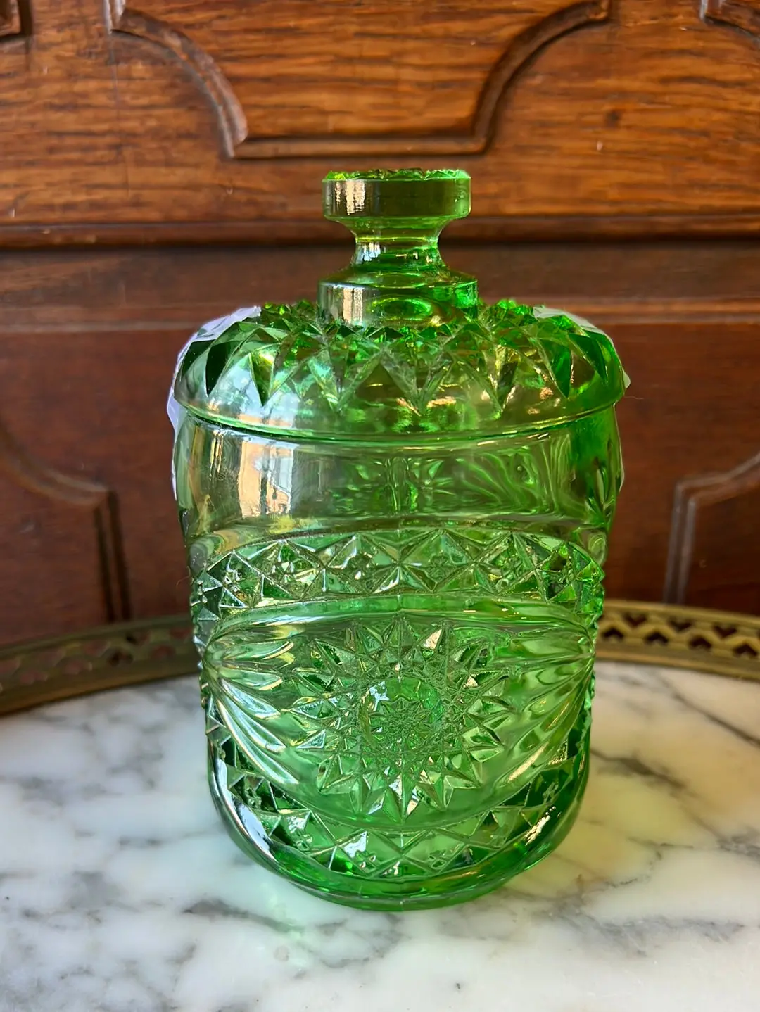 Small Green Imperial Cut Glass Jar 1