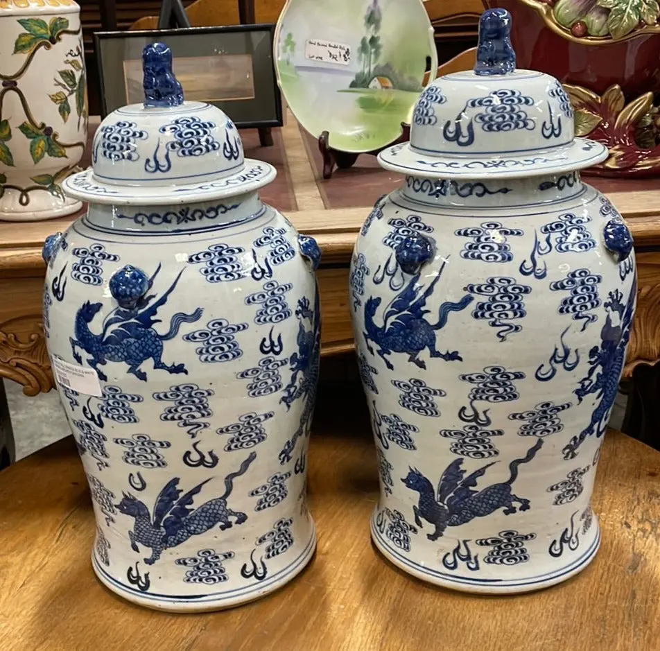 Pair Of Tall Chinese Blue & White Ginger Jars With Dragons 1
