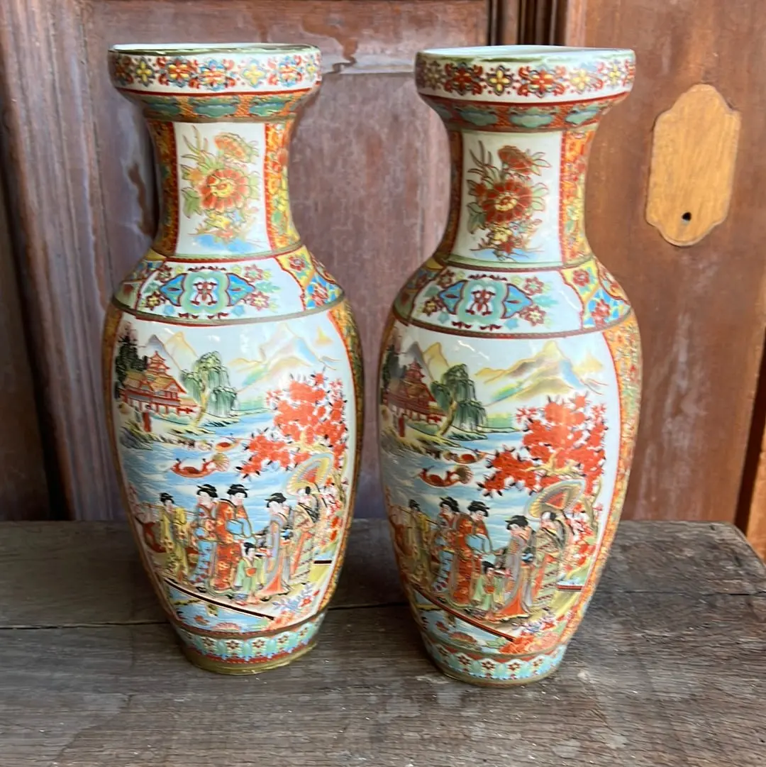 Pair Of Polychrome Japanese Vases 1