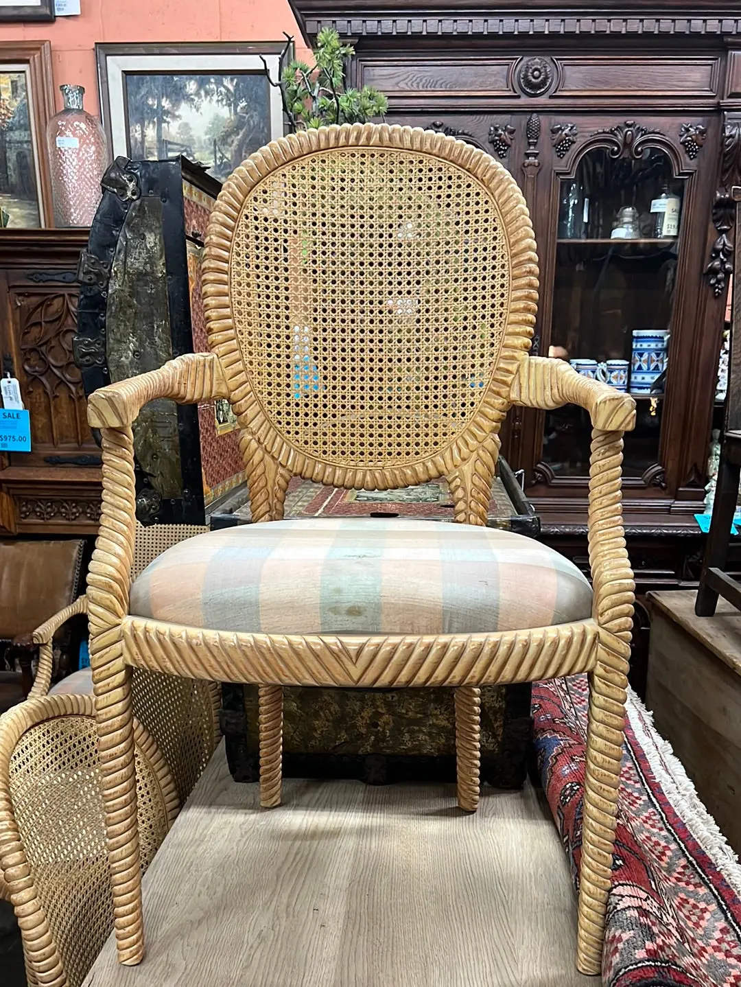 As Is Vintage Caned Balloon Back Reeded Arm Chair 1