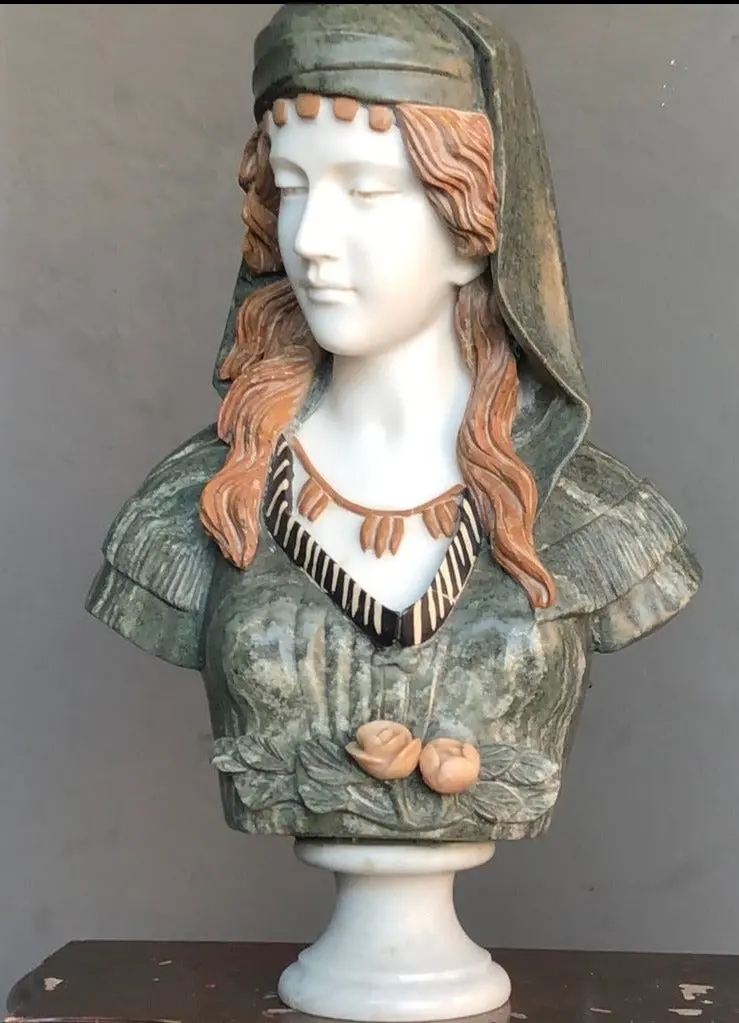 Marble Bust Of Lady With Green Head Dress 1
