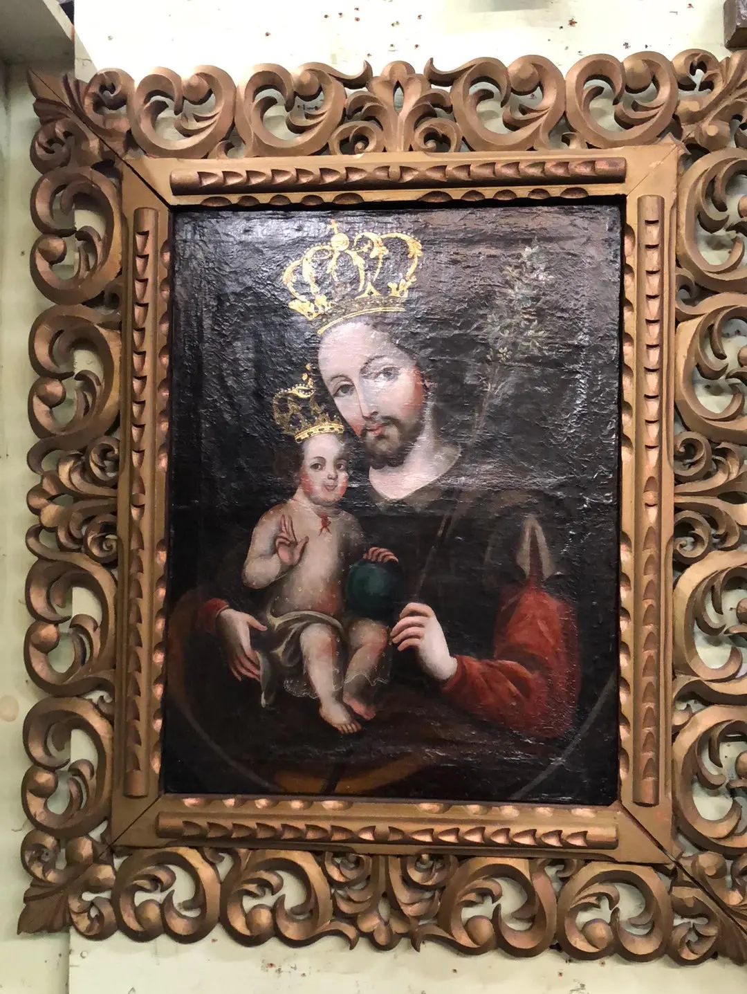 Spanish Colonial Saint Joseph  Oil Painting With Jesus In Pierce Carved Frame 1