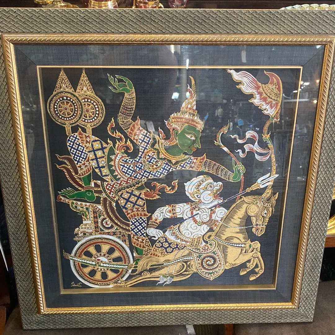 Pair Of Painted Cloth Thai Warriors In Blue Linen Frame With Gold Trim 1