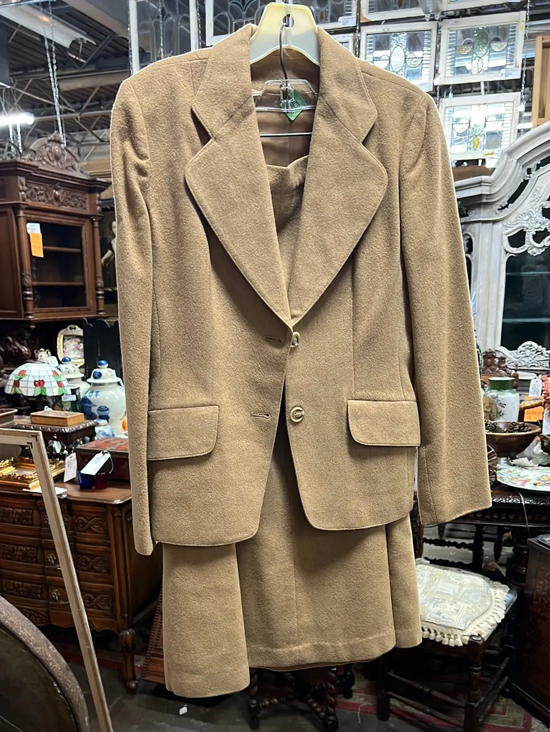 Tan Wool Blazer And Skirt Suit Set 1
