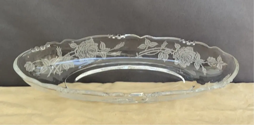 Narrow Oblong Etched Roses Glass Dish 1