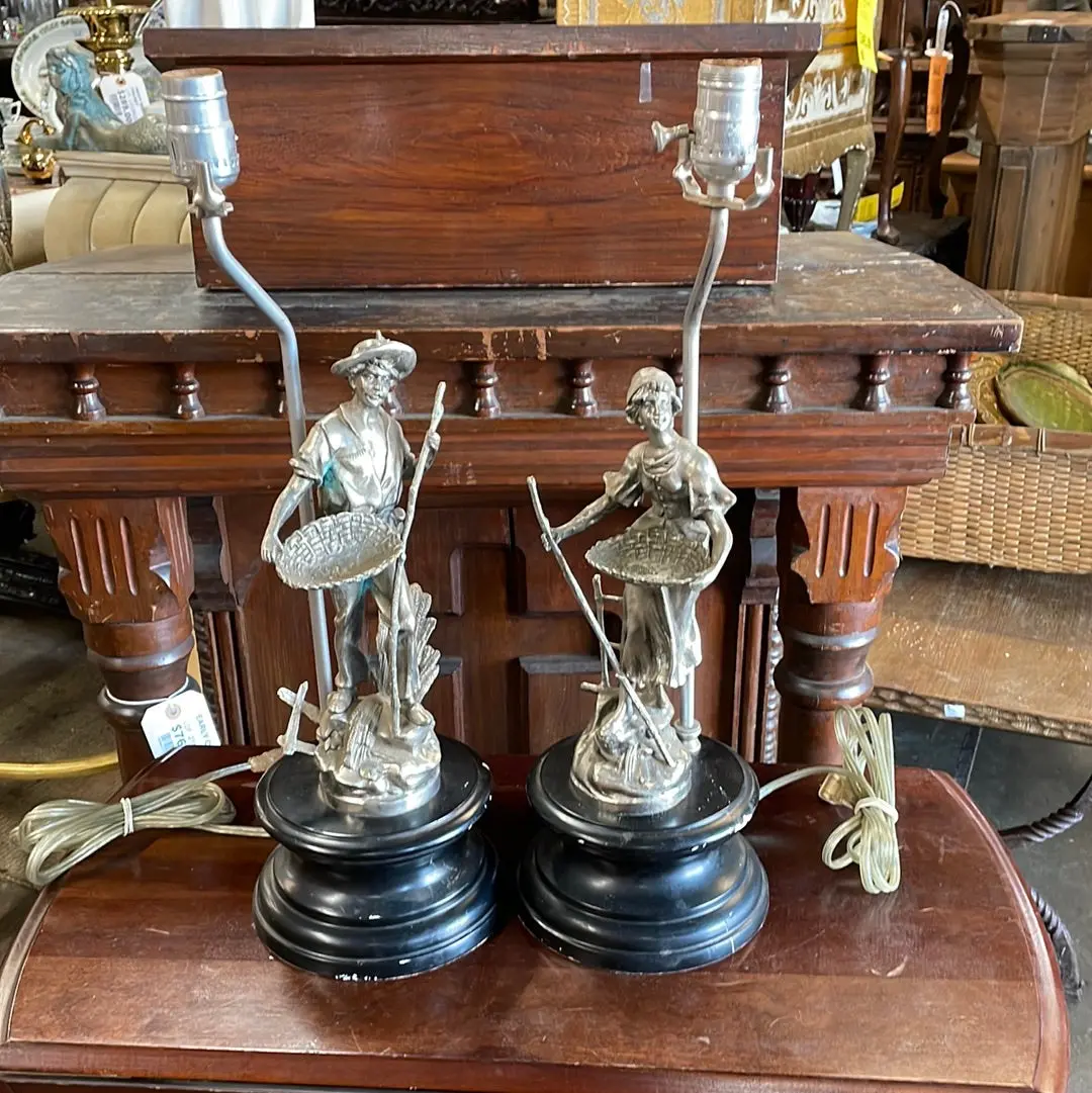 Pair Of Figural Silver Color Lamps With Black Plinths 1