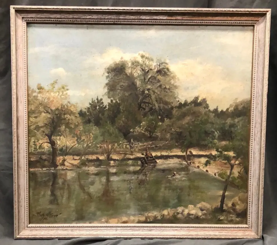 Small 1922 Oil Painting Of Fishing Pond Signed Thomas H Carow 1