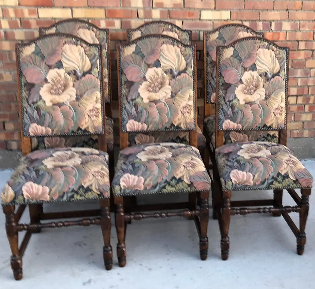 Set Of 6 Block And Turned Leg Chairs With Floral Upholstery 1
