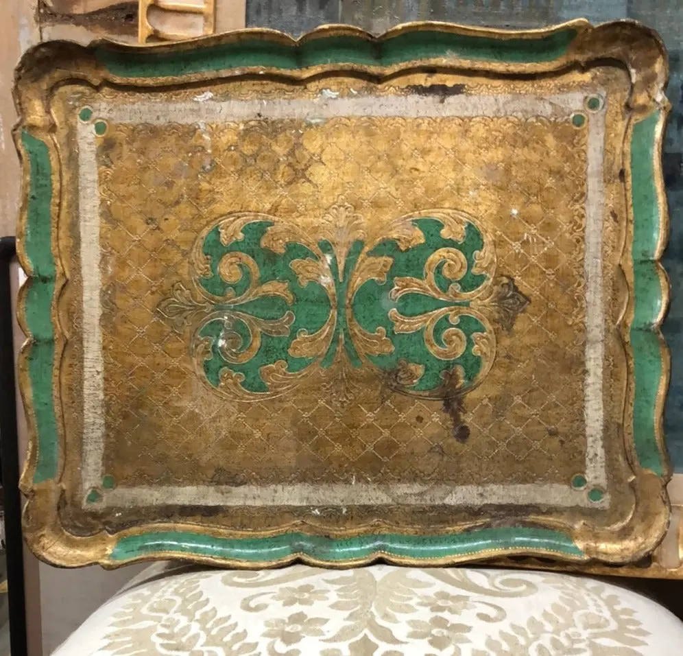 Large Florentine Rectangular Tray With Gold And Green 1