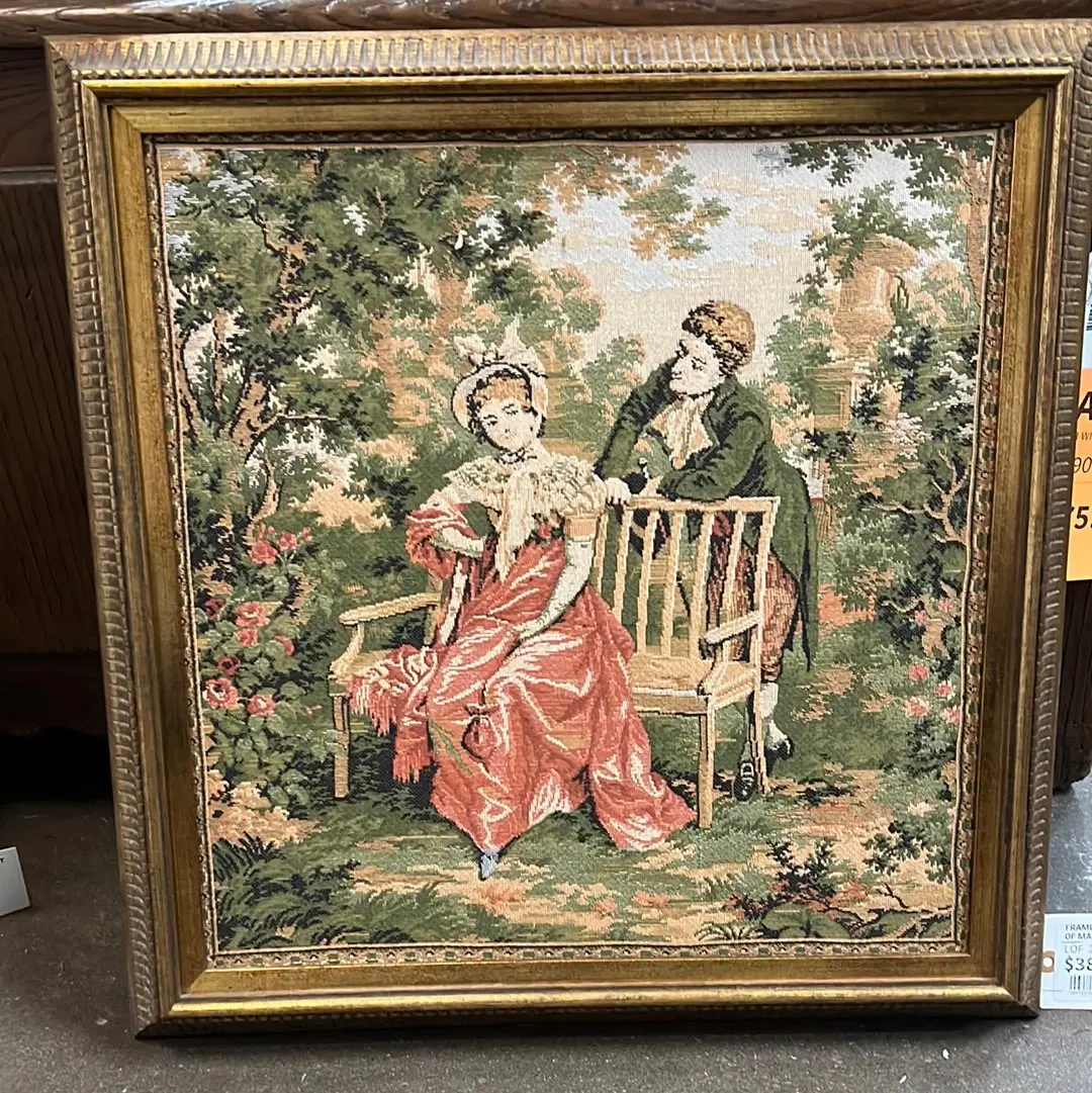 Framed Courtship Needlepoint Of Man In Green Jacket 1