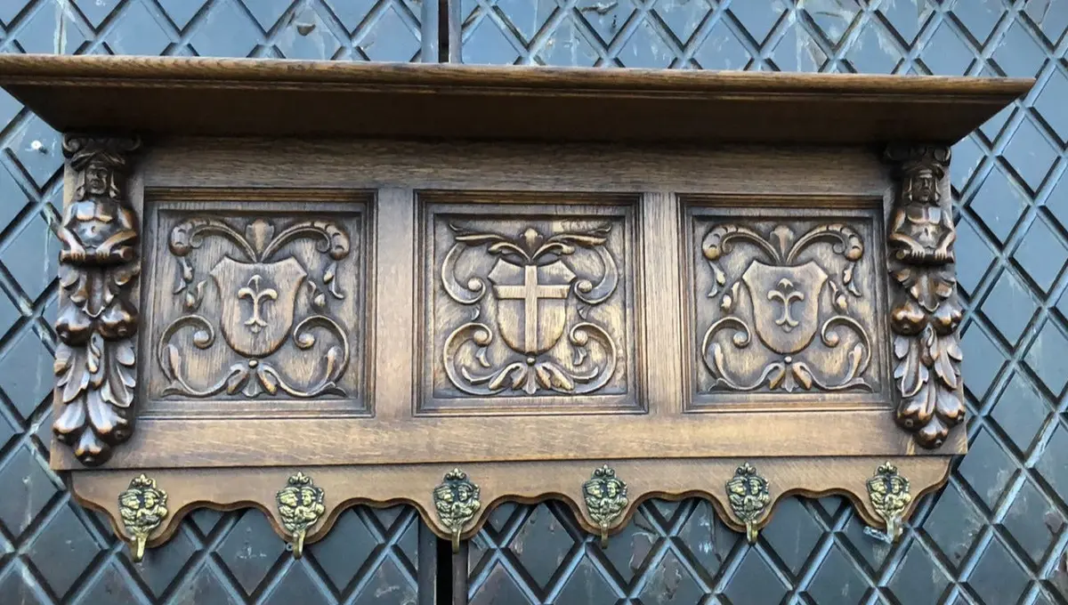 Oak Cross And Figural Carving Wall Shelf With Hooks 1