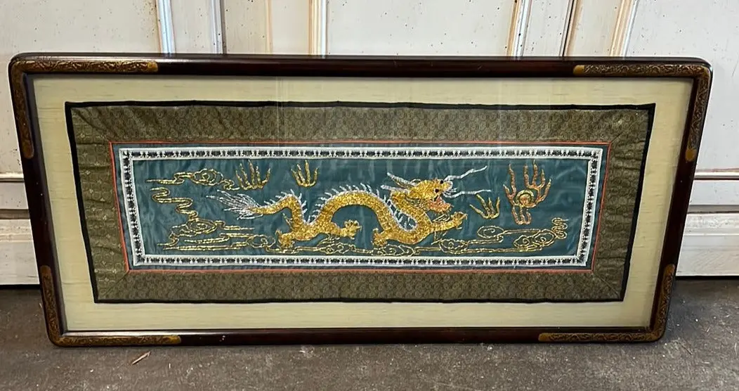 Gold And Silver Thread Chinese Dragon Framed Textile 1